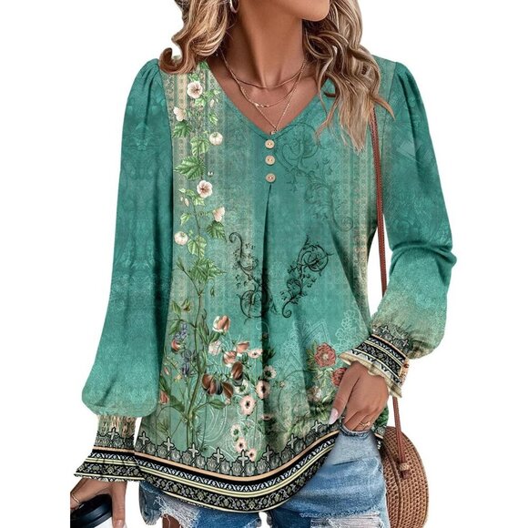 Tops - Long Sleeve Women’s Shirt Cotton V Neck Fall Casual Blouse Tunic Top S-3XL